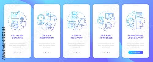 Postal services blue gradient onboarding mobile app screen. Walkthrough 5 steps graphic instructions with linear blue gradient concepts. UI, UX, GUI template. Myriad Pro-Bold, Regular fonts used