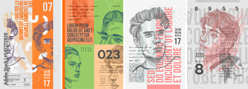 Women's and men's faces. Set of vector posters. Typography. Vintage pencil sketch. Engraving style. Labels, cover, t-shirt print, painting.