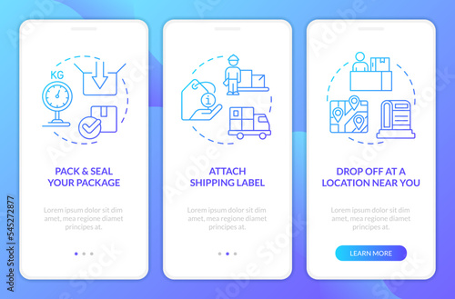 Sending parcel tips blue gradient onboarding mobile app screen. Walkthrough 3 steps graphic instructions with linear blue gradient concepts. UI, UX, GUI template. Myriad Pro-Bold, Regular fonts used