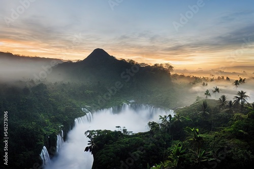 Aerial over Sekumpul waterfall surrounded by dense rainforest and mountains shrouded in mist at sunrise  Bali  Indonesia panoramic