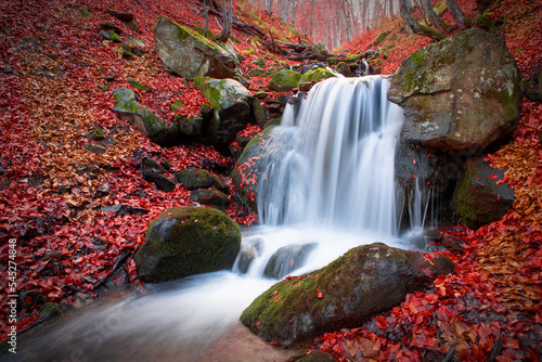 A waterfall in a beech autumn forest.