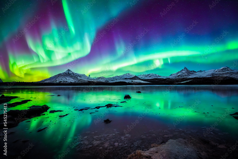 In the far north, the Aurora Borealis can be seen as a landscape of glowing green lights. The reflections in the water make it a beautiful sight. 3D illustration.