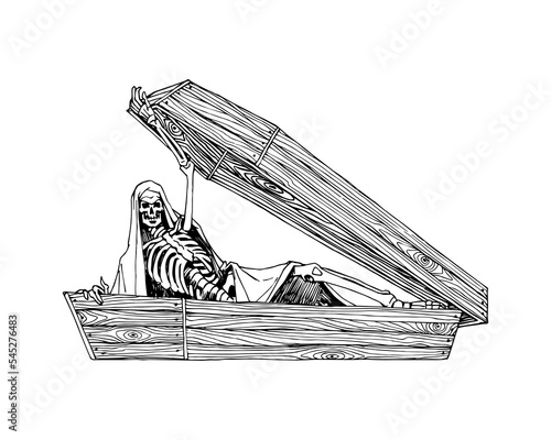 The risen dead from a wooden coffin. Vector illustration with black lines isolated on white background in a doodle and hand drawn style.	