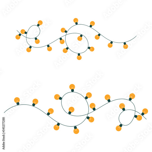Christmas lights. Holiday festive xmas decoration. Colorful string fairy light set. Lightbulb glowing garland. Flat design. White background. Isolated. Outline vector illustrtion