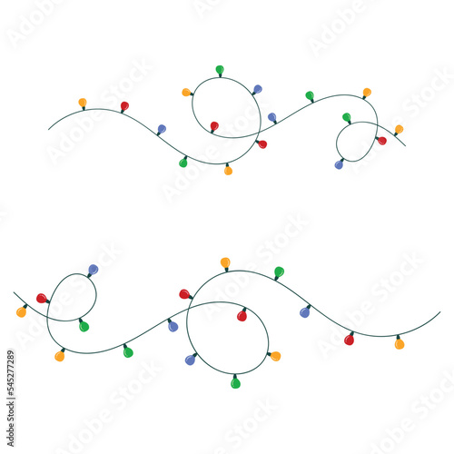 Christmas lights. Holiday festive xmas decoration. Colorful string fairy light set. Lightbulb glowing garland. Flat design. White background. Isolated. Outline vector illustrtion