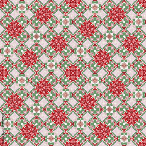 Seamless Christmas poinsettia retro pattern. Decorative ornament in seasonal red for December holiday background. Winter botanical vintage scandi repeat tile. 