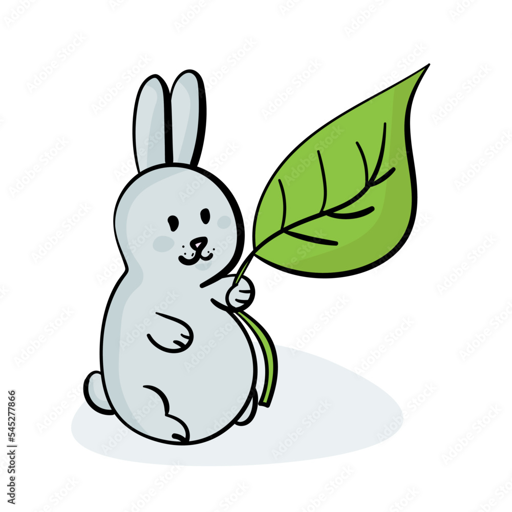 Cute doodle rabbit with a leaf, cute animal character for postcard or design Cute doodle rabbit with a leaf, cute animal character for postcard or design