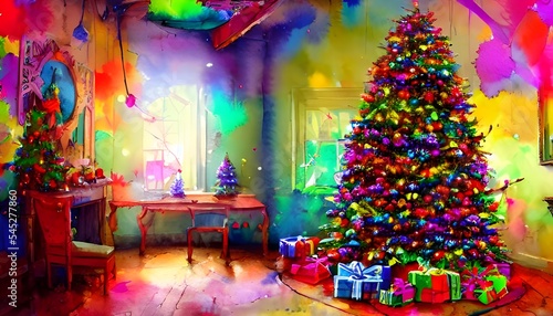 In this painting, a Christmas tree is portrayed in watercolors. The colors are soft and muted, giving the painting a calming feeling. The tree itself is surrounded by presents, all wrapped in differen