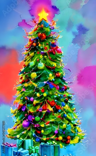 A beautiful watercolor painting of a Christmas tree. The tree is decorated with colorful lights and ornaments, and its branches are full of presents. The background is a light blue, giving the picture © dreamyart