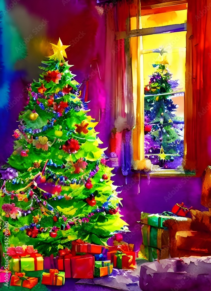 A blue background with white snowflakes falls behind a green Christmas tree. The tree is decorated with red and gold ornaments, and a golden star sits atop the tree. Watercolor paint strokes in variou
