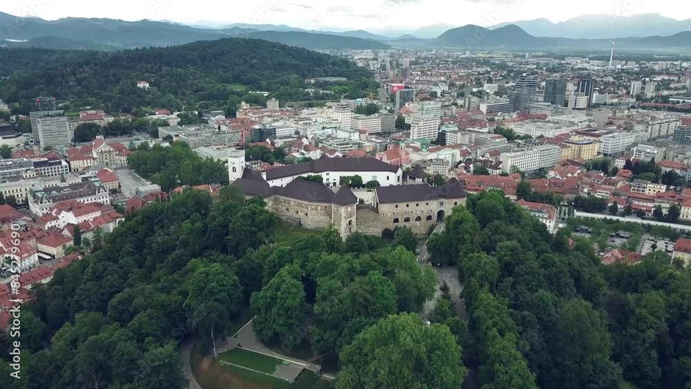 Flying over Ljubljanski grad in summer Flying over Ljubljanski grad in summer