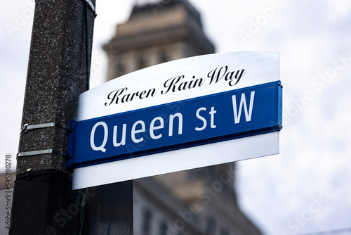 Queen Street West, Karen Kain Way, street signage in downtown Toronto, Ontario, Canada.