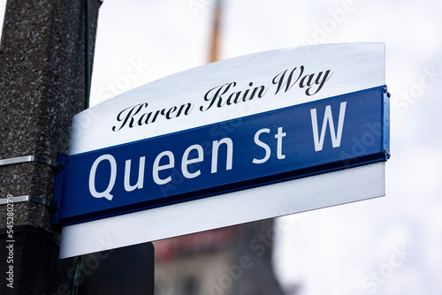 Queen Street West, Karen Kain Way, street sign in downtown Toronto, Ontario, Canada