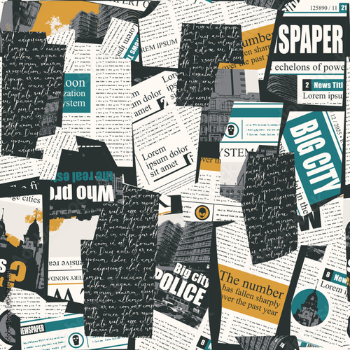 Seamless pattern with collage of newspaper or magazine clippings. Retro style vector background with titles, illustrations and imitation text. Suitable for wallpaper design, wrapping paper, fabric