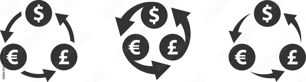 The currency exchange icon. Dollar euro and pound symbols. Flat vector illustration. The currency exchange icon. Dollar euro and pound symbols. Flat vector illustration.