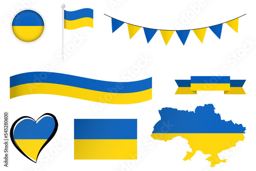 Set of Ukrainian flags and map Ukraine. Vector illustration