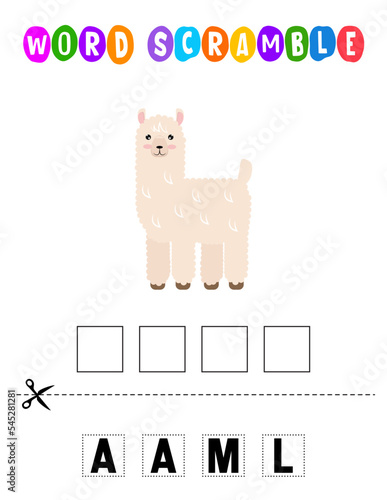 Lama Word scramble . Educational game for kids. English language spelling worksheet for preschool children.