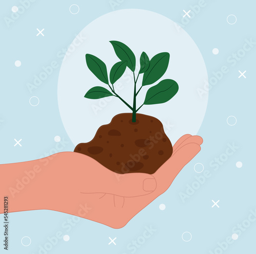 World Soil Day is held annually on December 5. A hand holds a green plant. Reforestation, reforestation, tree planting, environment day.Flat vector illustration