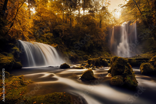 An autumn forest is captured with a long exposure in which the water of a waterfall is ghostly and suspended in time. The orange color of the trees comes through brilliantly. 3D illustration