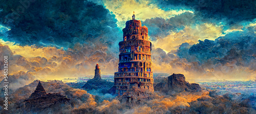 Abstract landscape. Colorful art landscape with the tower of Babel in dramatic light. Art illustration. Digital art image.