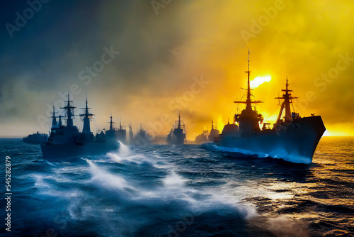 Fotografija A large group of warships, including cruisers and frigates, is heading towards combat
