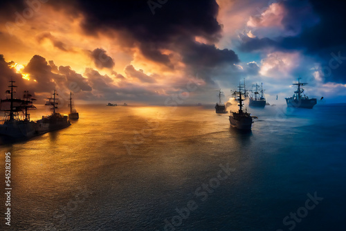 Fototapet An image of a military fleet of ships, including cruisers and frigates, advancing towards a battle