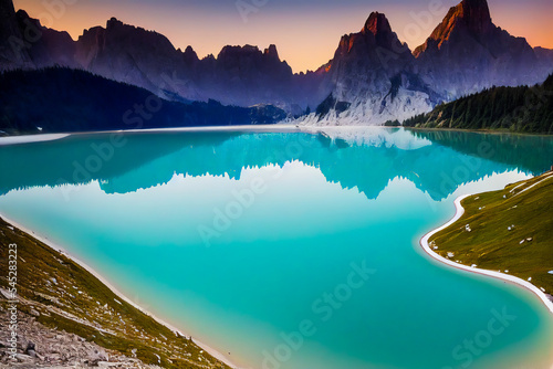 The clear and reflective lake provides a stunning view of the snowy peaks of the Alps, providing an escape for those who take the time to explore it. 3D illustration.