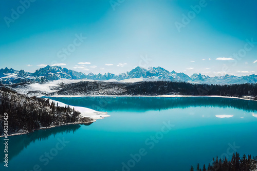 The mountainous landscape is stunning with a beautiful body of water thatReflects the snow-capped peaks of the Alps. This is an escape scene sure to impress. 3D illustration.