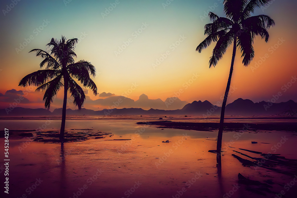Idyllic landscape of beach and palm tree silhouette against a beautiful sunset. It is an invitation to travel to the tropics and the islands.