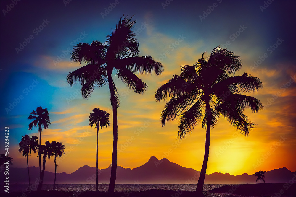 A beautiful, idyllic landscape is visible against the setting sun. It beckons visitors to travel to the tropics and the islands. 3D illustration.