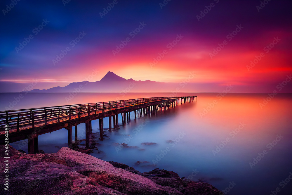 Obraz premium Sunset is a beautiful time to look out at the ocean with a wooden pontoon floating in it. It seems like a perfect place to relax and clear your mind. 3D illustration.