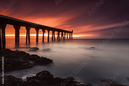 Wallpaper Mural The sunset and the ocean are both beautiful, with a wooden pontoon sticking out slightly into the water. It looks like a perfect place to take a break and relax. 3D illustration. Torontodigital.ca