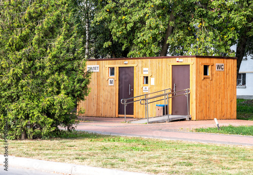 Modular public toilet stand on the russian city street