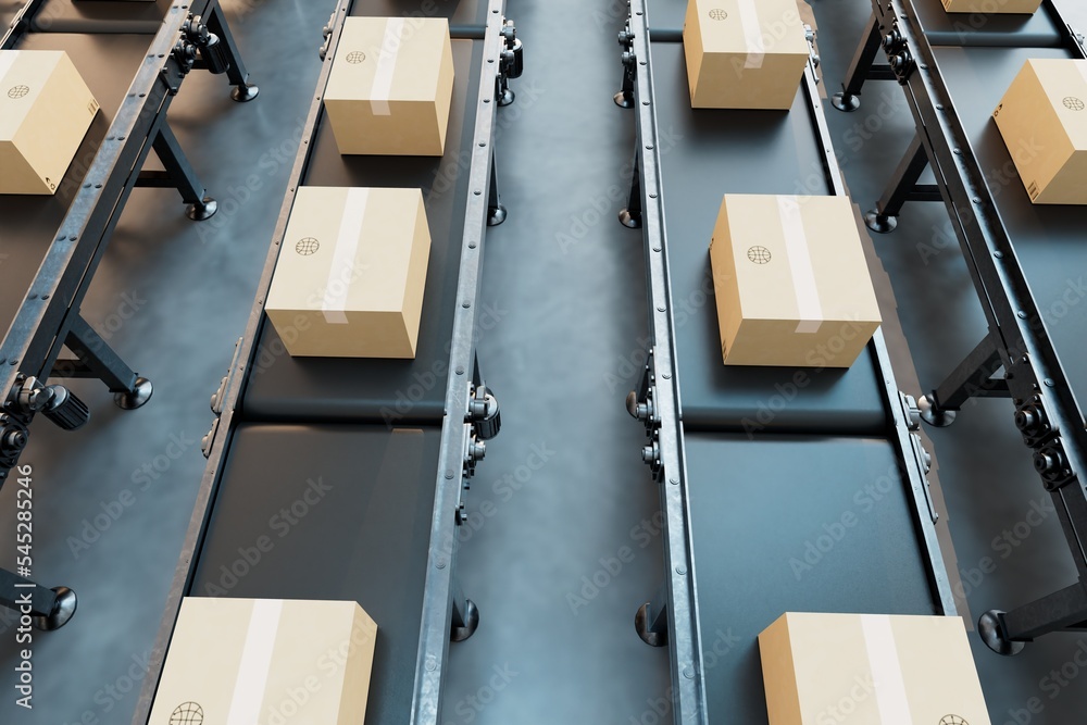 production of packing and sorting of parcels. boxes with parcels on the conveyor line. 3D render production of packing and sorting of parcels. boxes with parcels on the conveyor line. 3D render