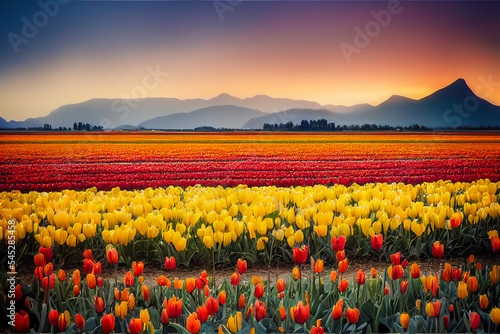 This is a colorful Dutch tulip field, with beautiful light cascading down on the different colors of tulips. It's a 3D illustration.
