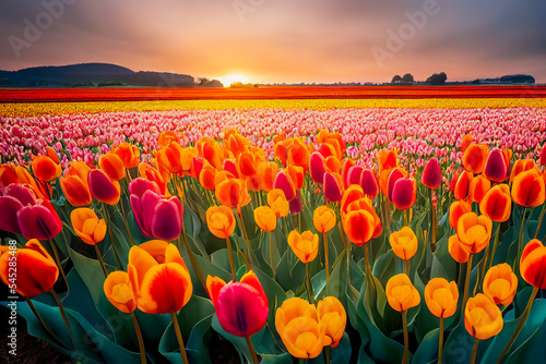 This colorful landscape features tulips in the Netherlands. The soft light shining down on the brightly colored flowers creates a beautiful, three-dimensional effect. 3D illustration.