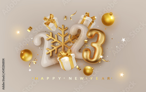 2023 realistic glossy 3d number with golden snowflake and gift boxes . Happy New Year and Merry Christmas 2023. Greeting card. Vector 3d rendering