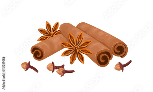 Anise stars, cloves and cinnamon sticks isolated on white background. Christmas aromatic spices. Vector cartoon illustration. Food icon.