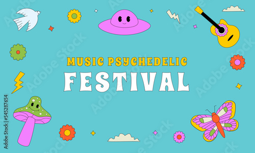 Crazy background design for a musical psychedelic festival, illustrated with bright outlined figures.