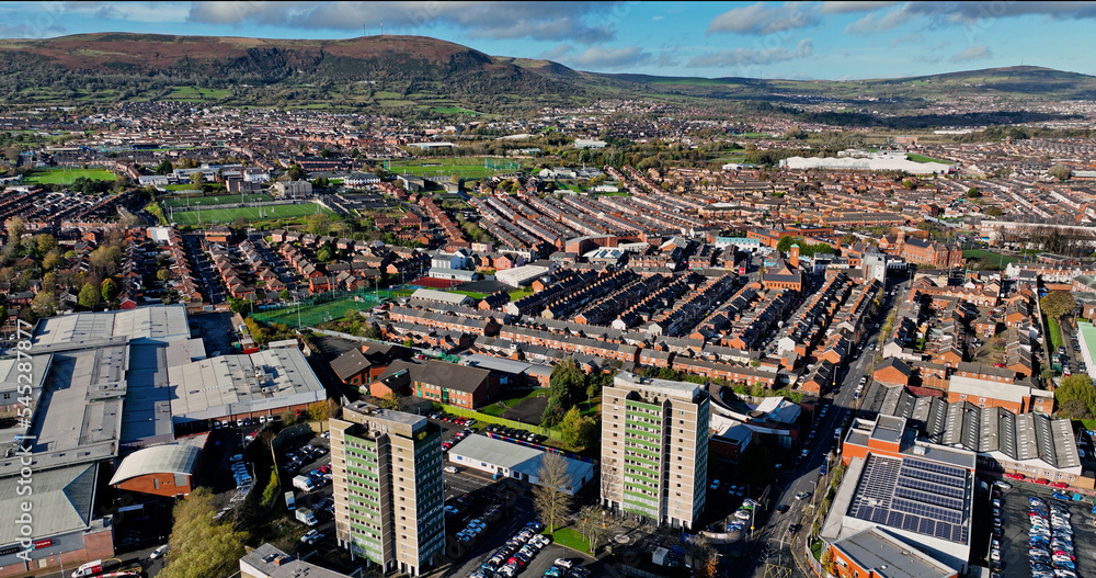 Aerial photo of Residential Tower block High Rise Apartment Tower on Donegall Road Belfast City Northern Ireland