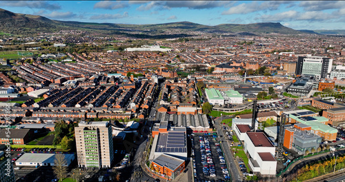 Aerial photo of Residential Tower block High Rise Apartment Tower on Donegall Road Belfast City Northern Ireland