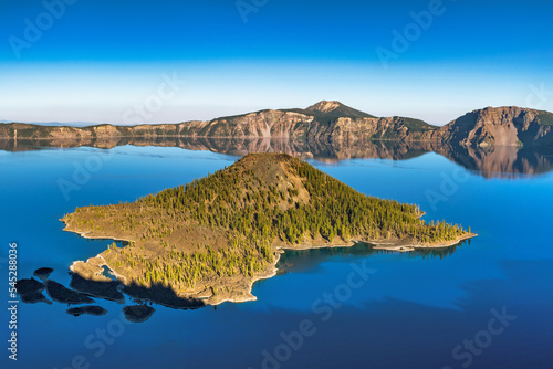 View of Crater Lake on a clear and calm summer evening.