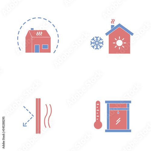 Warm radiator house icon set, indoor insulation concept, home energy costs vector icons, warmth elements emblems, filled symbols isolated on white background