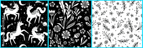 These pretty unicorn ponies are in outer space. Coordinating floral patterns included. Black and white with texture to simulate a woodcut print. Seamless vector patterns are great for surface designs.