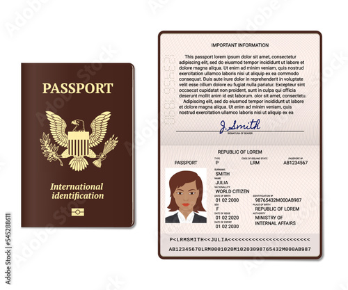 Passport fold with a female name, surname and photo and  a fictitious signature. Vector illustration. Passport cover template. Lorem ipsum text instead of real data.