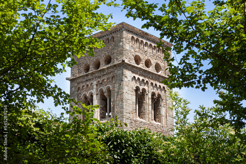 Detail of the bell tower of the Monastery of Sant Pere de Rodes, Romanesque style.