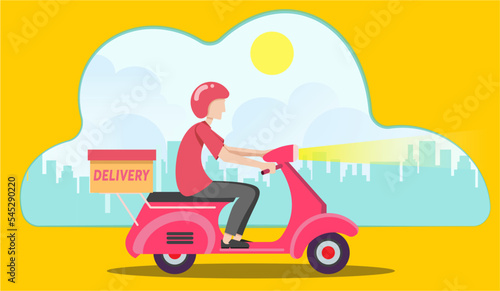 Food delivery man riding a scooter. servicio de paqueteria en motocilceta. hombre manejando una motocicleta entregando un paquete con la ciudad de fondo. servicio de paqueteria. © David Santos Mendoza