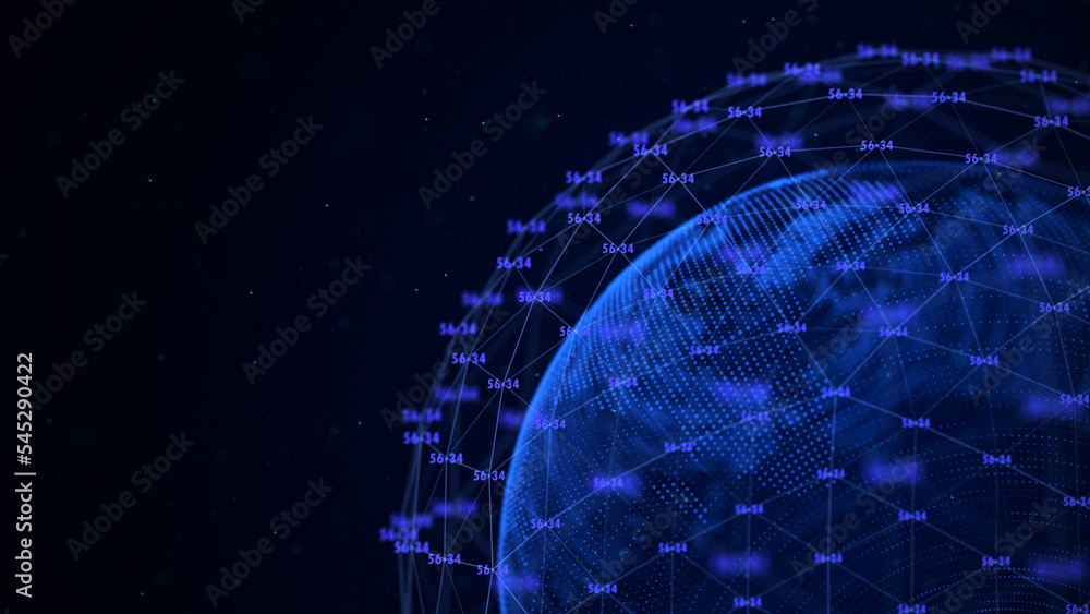 Blue 3d sphere in a shape of Earth with dots. Network connection orbit effect. With numbers and the effect of data searching. 3D rendering.