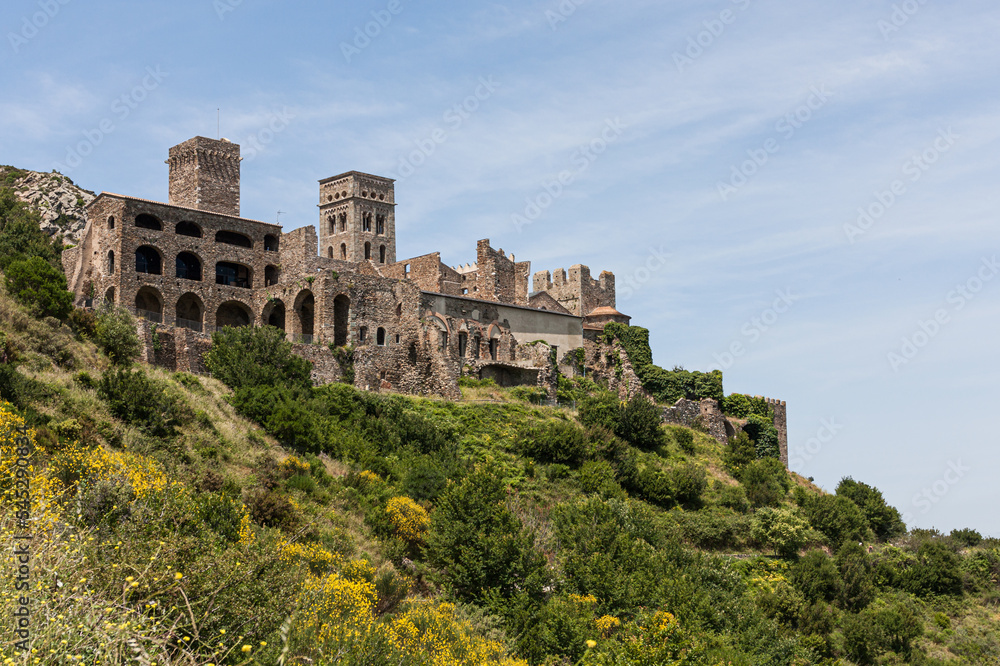 Close-up of the impressive monastery of Sant Pere de Rodes, in the pre-Romanesque style and of the Benedictine order.