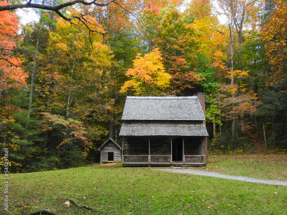 Fototapeta premium Cabin in the autumn in Cades Cove, Tennessee